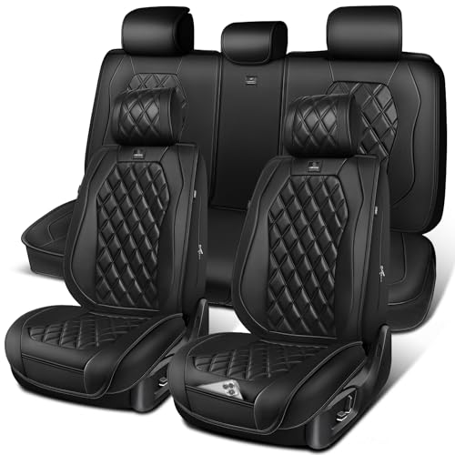 CAR PASS Luxury Leather Car Seat Covers Full Set, 3D Rhombus Waterproof Faux Leather Seat Covers, Universal Automotive Seat Cushion Fit for Sedan SUV Truck Van, Armrest Airbag Compatible Solid Black