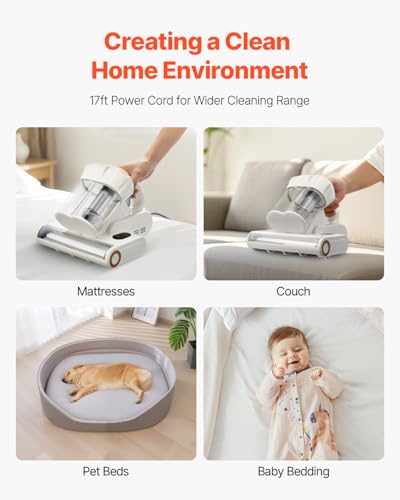 Image of VEVOR Mattress Vacuum Cleaner, 550W Bed Vacuum Cleaner with 18Kpa Powerful Suction and Dual Dust Bin, HEPA Filter & Heating, Ultrasound Tech & Cleaning Lights, Handheld for Bed, Sofa, Corded, White