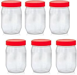 Pack of 6 Round 300ml Plastic Storage Jar With Screw Top Lids Red Airtight Food Storage Containers BPA Free For Kitchen, Herb, Spices, Sweets Clear Canister pots