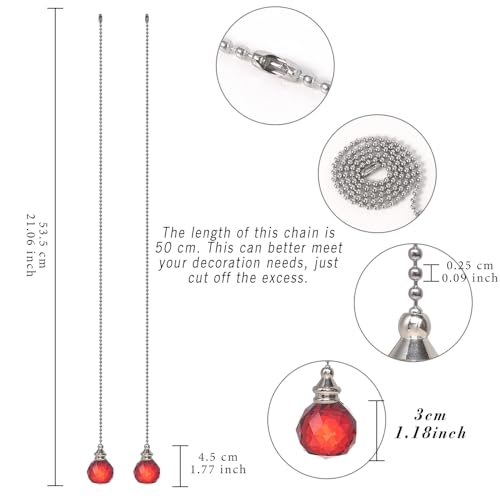 Image of Red 2pcs Crystal Ceiling Fan Pull Chain Pull Chain Crystal Prism Ball 30mm Dazzling Ornaments Extension with Connector for Ceiling Light Fan