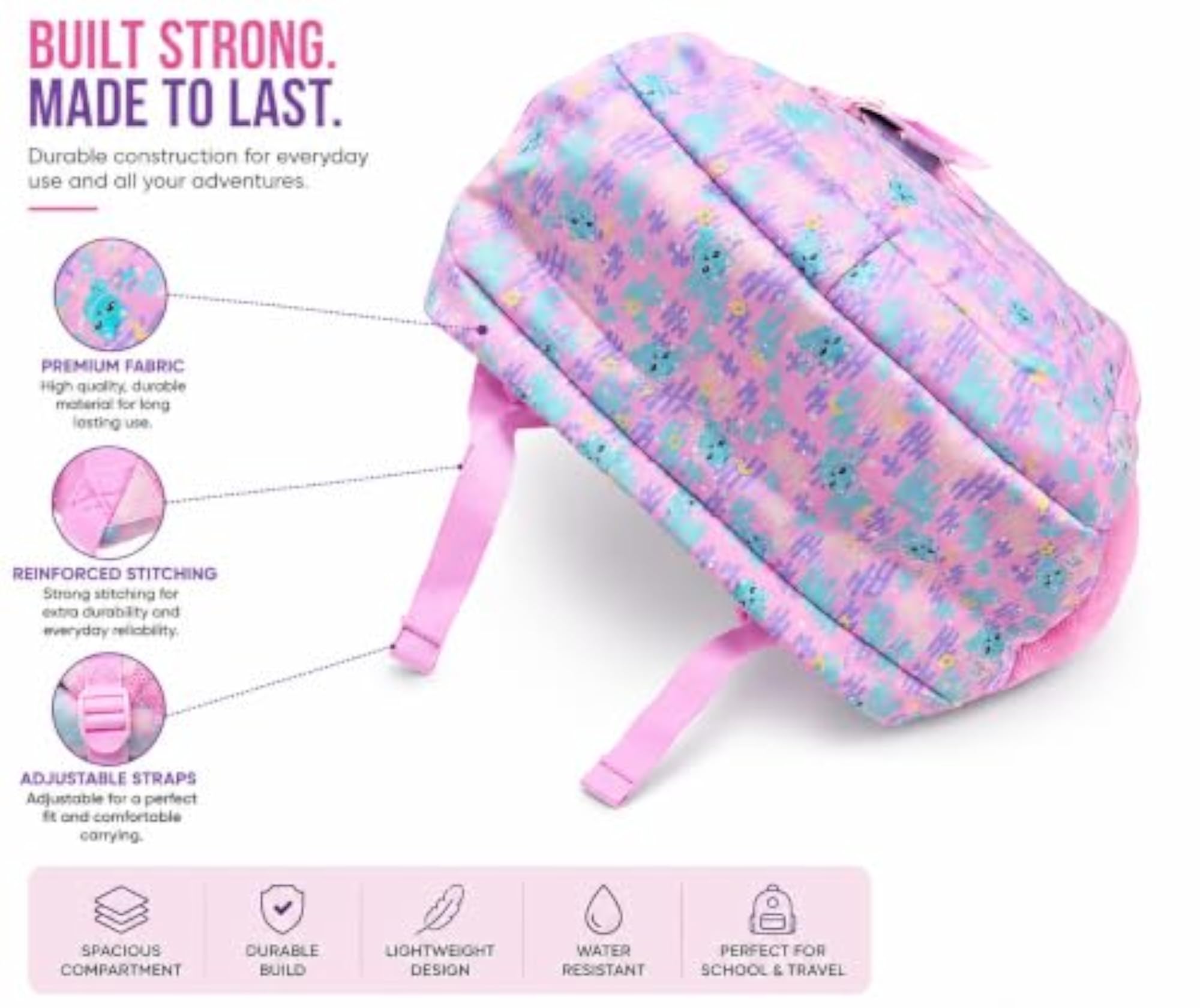 Kids Backpack Pink Cute Monster Print School Bag