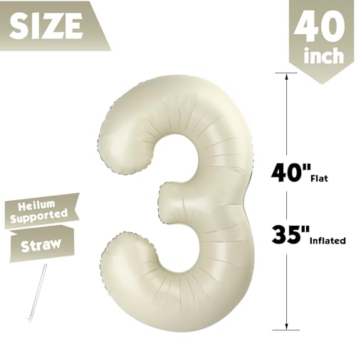 Image of 40 Inch Cream Number 3 Balloon Birthday Party Decorations for Men & Women | 40 Inch Cream inflatable foil number balloons, large birthday decorations for 3rd birthday
