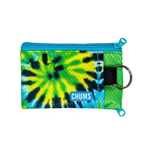 Image of Chums Surfshorts Wallet - Lightweight Slim Wallet with RFID Blocking Card & Clear ID Window - Zippered, Water Resistant w /Key Ring (Green Tie Dye)