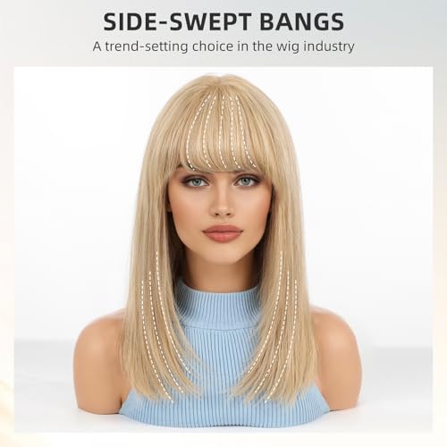 Image of KKU 16 Inch Blonde Human Hair Wig,Human Hair Wigs,Human Hair Wig With Bangs, Lady Wigs Human Hair, Real Hair Wigs For Women