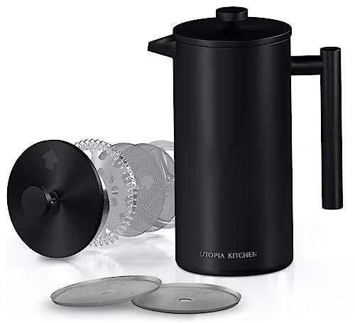 Utopia Kitchen 304 Grade Stainless Steel French Press Coffee Maker 12 Oz, Double Wall Insulated Coffee Press with 4-Level Filtration system, Include 2 Extra Filters, Rust-Free, Dishwasher Safe, Black