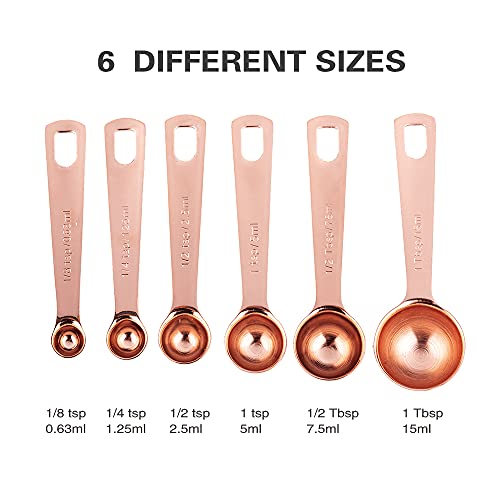 Measuring Spoons, Copper Plated Stainless Steel Measuring Spoons Set Of 6 Piece 1/8 Tsp, 1/4 Tsp, 1/2 Tsp, 1 Tsp, 1/2 Tbsp & 1 Tbsp For Measuring Dry And Liquid Ingredients, Fits In Spice Jars #TOP4