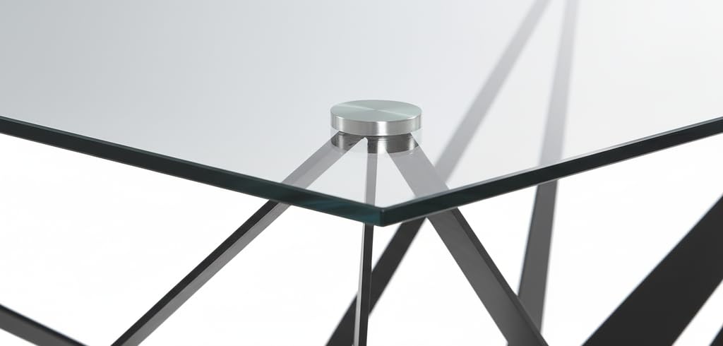 Table de salle à manger avec pieds métalliques noirs inclinés et plateau en verre trempé - 160 x 90 x 76 cm - Design moderne et industriel haute résistance