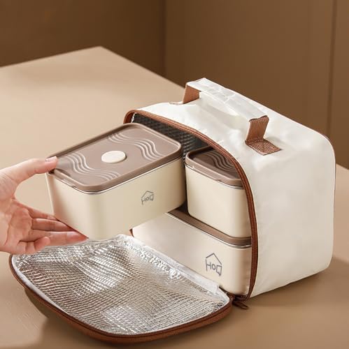 Image of House of Quirk 304 Stainless Steel Bento Lunch Box for Adults - 3 Leakproof Containers (1x1200ml + 2x600ml) with Insulated Thermal Carry Case, Stackable Portable Meal Prep Tiffin (Beige)