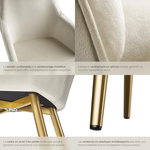 Chaise velours crème or élégante rembourrée ergonomique stable 58x62x82cm protègesol - vue 7