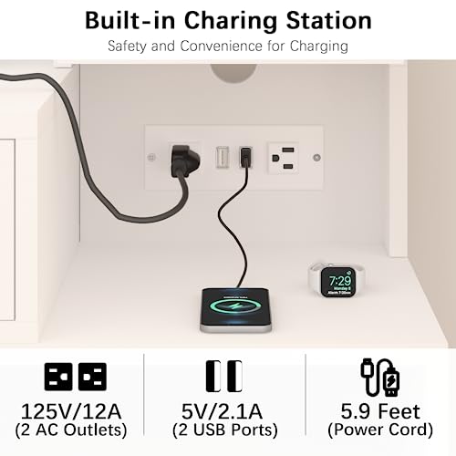 CSZZD Makeup Vanity Desk with Mirror and Lights, White Vanity Table Set with Charging Station, LED Cabinet, 5 Drawers & Storage Bag, 3 Lighting Modes, Bedroom Vanity Mirror with Lights Desk and Chair
