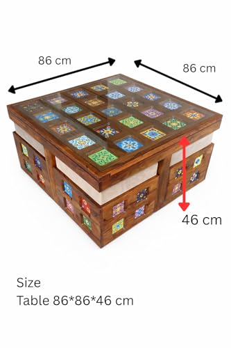 Image of Wooden Coffee Table with 4 Stools, Ceramic Tiles On Table Top with Ceramic Tiles Design Stool, Table 86x86x46 cm, Stool 40x40x35 cm (Natural)