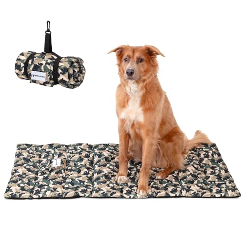 Travel Dog Bed - Outdoor Dog Beds for Camping - Portable with Clip-On Carrying Strap Provides Comfort for Dogs When Traveling - Camo Print 43” x 26”