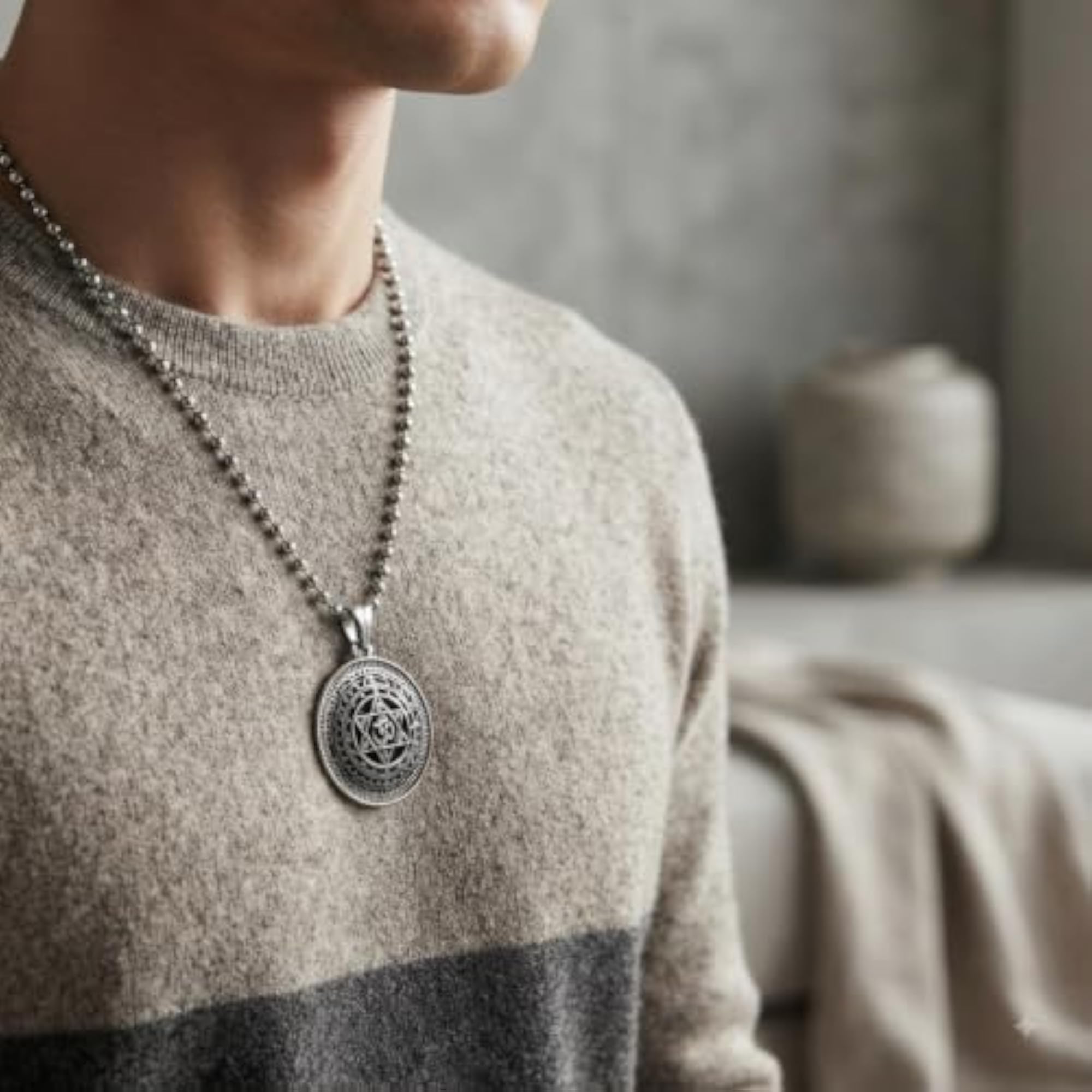 Om Sudarshan Chakra Yantra Bead Chain Metal Pendant