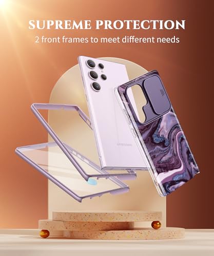 Image of GVIEWIN for Samsung Galaxy S23 Ultra Case, [Slide Camera Cover & Built-in Screen Protector] [2 Front Frames] Shockproof Military Grade Protective Marble Phone Case for S23 Ultra 6.8 inch (Quicksand)