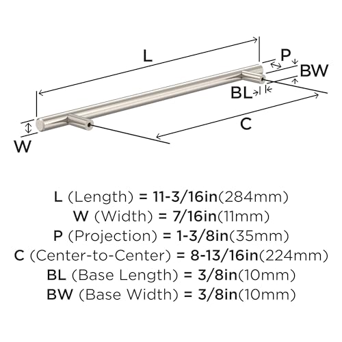 Image of Amerock 8-13 /16 inch Bar Pulls Sterling Nickel Drawer Pull | 8-13 /16 inch (224mm) Center-to-Center Mounting Distance and 11-3 /16 inch Overall Length, Durable Carbon Steel Cabinet Hardware