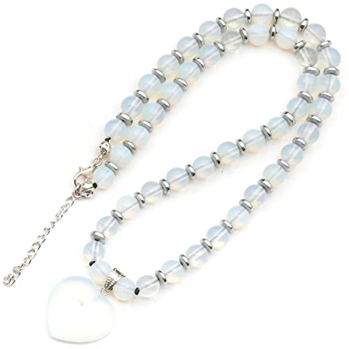 ElisaJewelryArt Genuine Opalite Heart Necklace | Handmade Natural Gemstone Jewelry with 8mm Round Beads & Hematite Accents | Adjustable Fit | Meaningful Cancer Gift