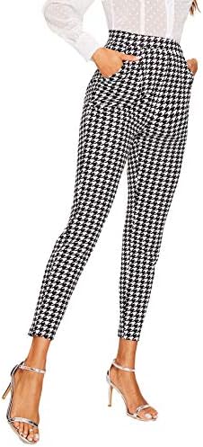 SweatyRocks Women's Casual Houndstooth Stretchy Cropped Work Pants with Pocket Black White-1 M