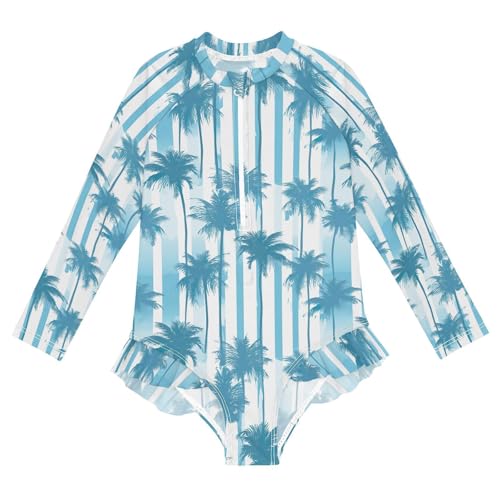 Tropical Palm Trees Stripe Girls Long Sleeve Swimsuit UPF 50+ Rashguard Swimwear One Piece Bathing Suit 21217666