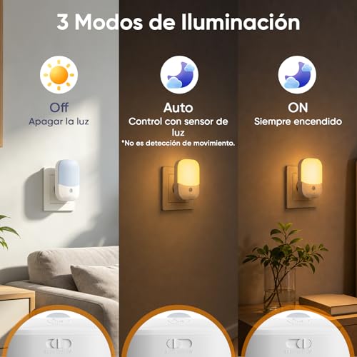 2 Piezas Luz Nocturnas infantil con Enchufe, Sensor de Luz Inteligente Crepuscular, 5 Brillos Regulables, 3 Modos, Blanca Cálida Noche para Habitación Bebé, Escalera, Cocina, 0,3W Sin Control Remoto - Imagen 4