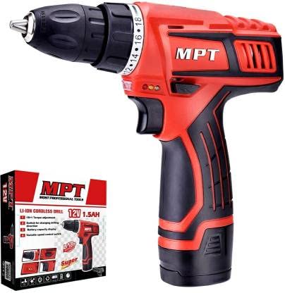 MPT LI-ION Cordless Drill Machine Light weight | 12V, 1500mAh, 600RPM,19 Torque with LED Light and Speed Mode switch(Red/Black) MCDT1216.B1 Pistol Grip Drill (10 mm Chuck Size)