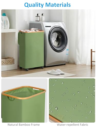 Image of efluky Laundry Basket with Wheels, Tall Rolling Laundry Hamper with Lid and Removable Bag, Aesthetic Dirty Clothes Hamper on Wheels for Laundry Room, Bedroom, Dorm and Bathroom, 100L Green