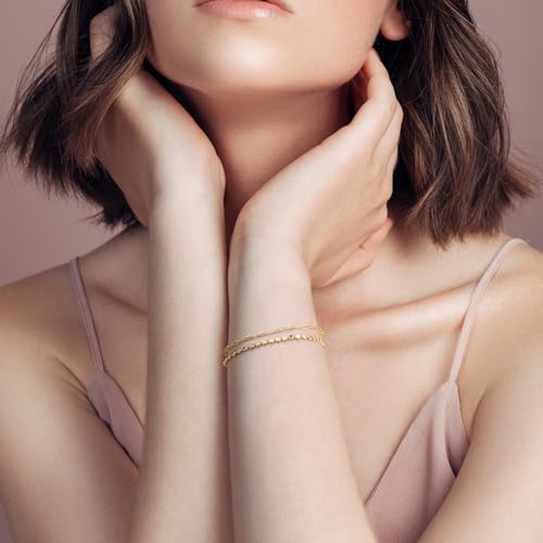 VSNPO Gold Bracelets for Women 14K Gold Bracelets for Women Double Layer Bracelet for Womens Stylish Flat Bead & Paperclip Link Chain Bracelet for Womens4