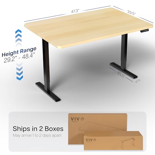 Image of VIVO Electric 48 x 30 in Standing Desk, Memory Height Adjustment, 1B Series, Holds 220 lbs, One-Piece Light Wood Top, Black Frame, DESK-KIT-1B5C