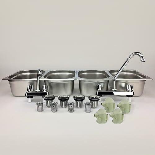 4-Large Compartment Drop-in Stainless Steel Concession Sink Kit with Portable 4 Traps Hand Washing Food Truck Trailer