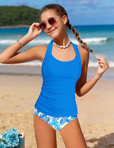 Image of Girls Swimsuit 2 Piece Halterneck Cross Straps Girls Tankini Top Drawstring Prints Shorts Bathing Suit for Teens 9-16Y