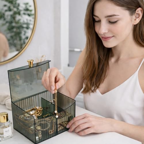 Image of KiZY Cotton Swab Holders, Acrylic Cotton Pad Holder, Qtip Holder with Lid, for Bathroom Canister Storage Organization, Vanity Cosmetic Makeup Organizer (Green Pack-2, A)