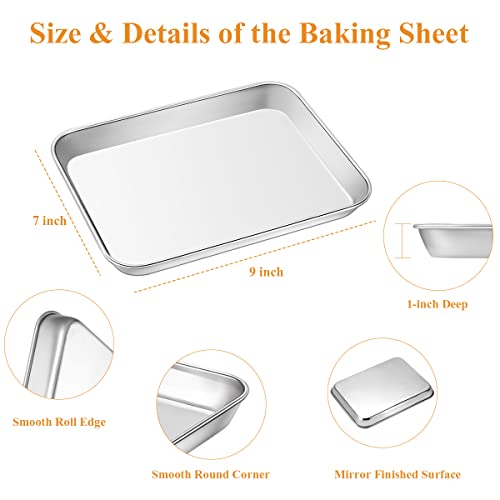 Stainless Steel Baking Sheet Set Of 2, Deedro Cookie Sheet Metal Baking Pan Oven Tray, Non Toxic & Heavy Duty, Rust Free & Mirror Finish, Easy Clean & Dishwasher Safe, 9 X 7 X 1 Inch #TOP1