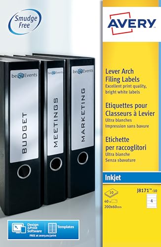 Avery Lever Arch Labels Inkjet, 200x60mm, White Blank Labels, 4 Labels per Sheet J8171-10, 200 x 60 mm - Image 3