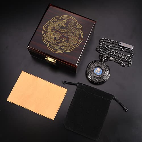 Manchda Mechanical Roman Numerals Dial Skeleton Pocket Watches With Brown Wooden Pocket Watch Finish Stain Box Dragon Phoenix And Chains For Mens Women (1.Black Blue) #TOP6