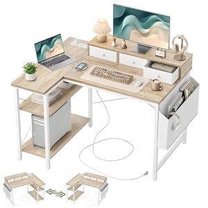 TIQLAB 40 Inch L Shaped Computer Desk with 3 Drawers & Power Outlets, Small Corner Desk with Reversible Shelves, Vanity Kids Writing PC Desk for Bedroom Home Office, Study Table for Girls, Maple
