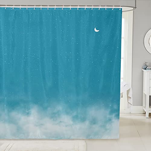 Loussiesd Glänzender Sternendruck Duschvorhang Textil Mond Stern Himmel Duschvorhang 180x200cm Farbverlauf See Blau Weiß Badezimmer Stoff Boxen Badewannen Deko Romantischer Stil wasserdichte Vorhänge Cover