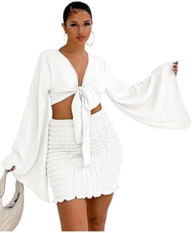 LYANER Women&#39;s 2 Piece Outfits Tie Knot Front Bell Long Sleeve Crop Top and Mini Skirt Set