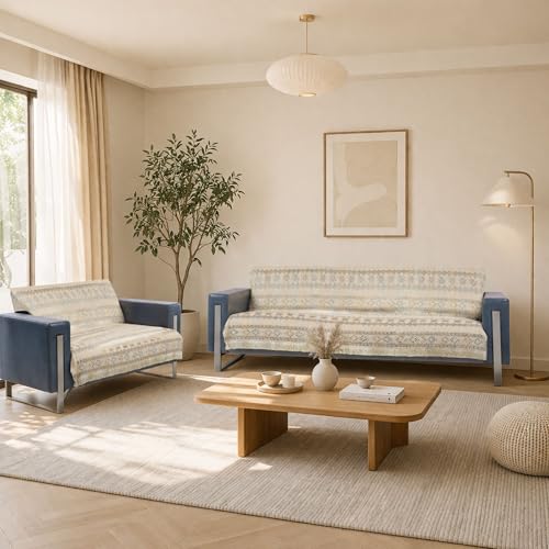 Image of Elegant Woven Beige Sofa Cover - Soft Chenille Traditional Pattern with Lace Style | L-Shape Sectional Seat Protector for Living Room | Durable & Stylish Slipcover 3+2 Seater Sofa Cover