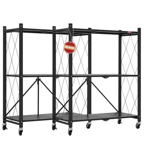 Image of DEANIC 3 Tier Foldable Storage Shelves with Wheels, Kitchen Appliance Stand, Freestanding Metal Wire Shelf Rack, No Assembly Organizer Rolling Cart for Garage, Basement, Pantry(Black Pack of 2)