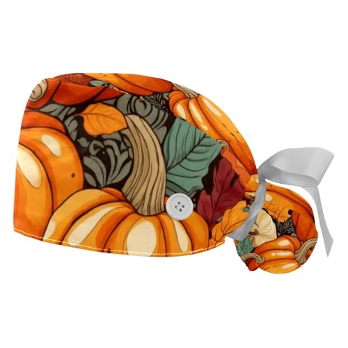 2Pcs Thanksgiving Pumpkin Scrub Caps Button Sweatband Adjustable Working Cap Surgical Cap Nurse Hats Women Men Multicoloured
