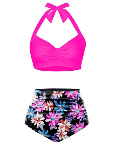 Image of Holipick Women High Waisted Bikini Set Two Piece Swimsuit Tummy Control Bathing Suit Vintage Halter Swimwear