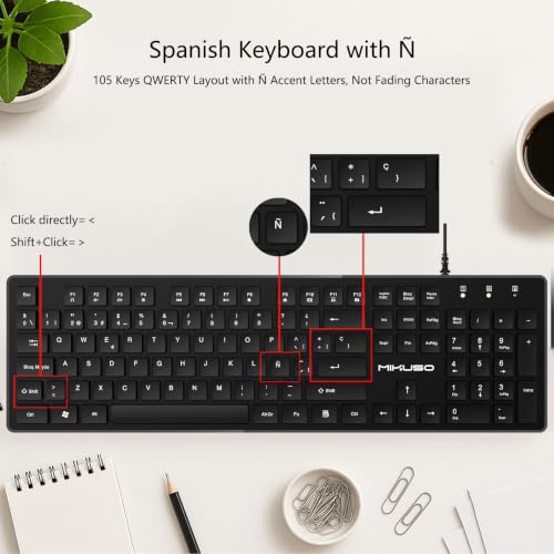 Image of Spanish Keyboard USB Wired - 105 Keys QWERTY ANSI Layout with N | Not fading characters,1.6m line Length Suitable for Computer Laptop PC,Full Size with Number Key,Plug and Play
