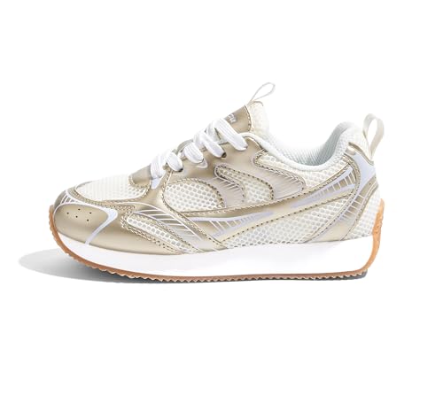 LUCKY STEP Kids Reteo Fashion Sneakers Girls Boys Breathable Mesh Tennis Casual Walking Shoes for Big&Little Kid and Toddler Athletic Trainers(Gold,Big Kid 5)