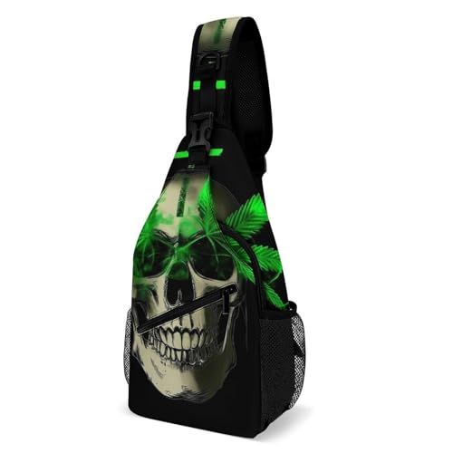 Womens Sling Bag with Adjustable Strap, Cute Skull Weed Leaf Leaves Green Black Reusable Lightweight Crossbody Bag, Versatile Chest Bags for Travel, Party