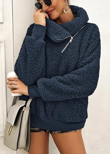 KIRUNDO Sherpa Pullover Womens Fleece Zip Sweatshirt Fall(Dark Blue, M) - image 6