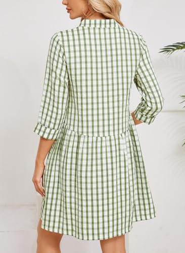 Ladyful Women's 3/4 Sleeve Plaid Mini Dress Gingham Button Down Crewneck Casual Checkered Tunic Shirt Dress3