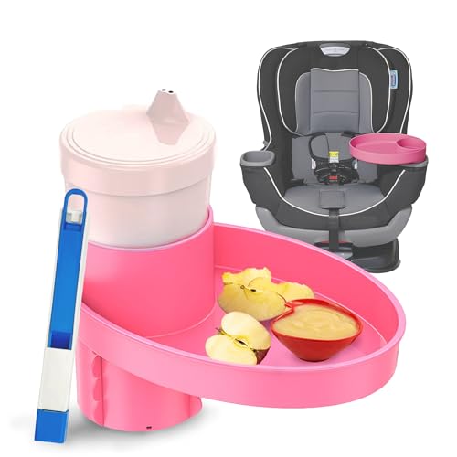 Image of Complete Kids Travel Tray Kit - Easily Expands Cup Holder into 360 Cup & Travel Tray for Kids Car Seat, Booster, and Stroller - Toddler Road Trip Essentials Set Includes Coaster & Brush (Pink)