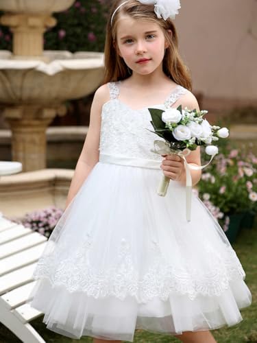 ABAO SISTER White Lace Embroidered Spaghetti Straps Tulle Short Flower Girl Dress with Back Bow2