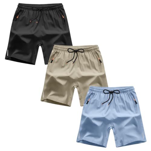 ANHDM Boys Athletic Shorts Quick Dry Sport Shorts Lightweight Running Shorts with Zipper Pockets (Pack of 3), Z/Black&Khaki&Grey Blue, 13-14T
