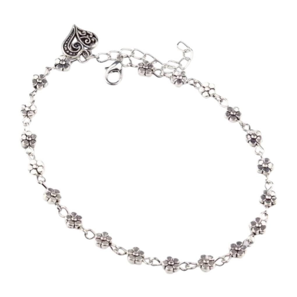 Women's Floral Oxidized Heart Shaped Single Anklet With Charm, Anklets For Women, Trendy Floral Oxidized Anklets For Women, Heart Shaped Charm Anklets, Lobster Claw Closure Anklets(Oxidized)-image-4