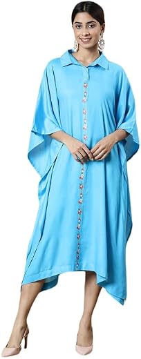LetsDressUp Black Rayon Shirt Kaftan for Women l Comfort fit Cotton Rayon l Floral Design l Shirt Collar Kaftan Dress l Pl...